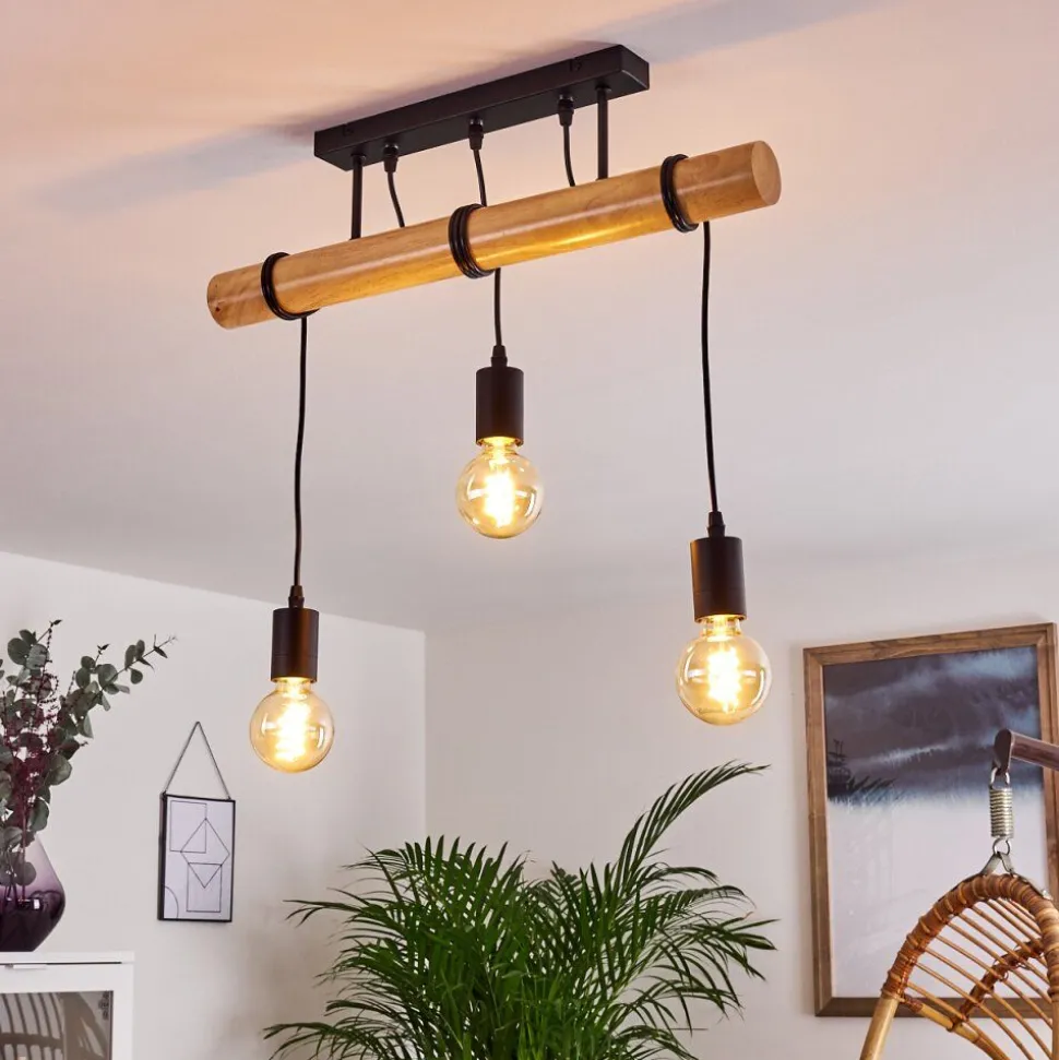 Plafonnier Yaak Bois Clair, Noir, 3 Lumieres