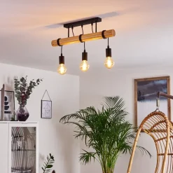 Plafonnier Yaak Bois Clair, Noir, 3 Lumieres