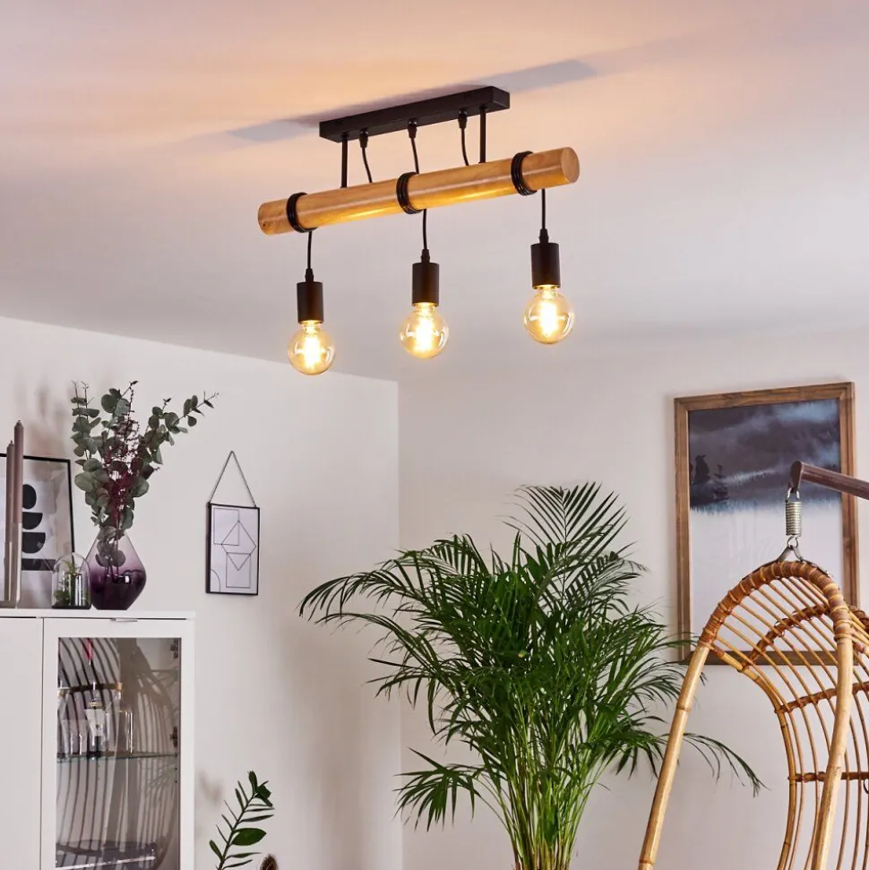 Plafonnier Yaak Bois Clair, Noir, 3 Lumieres