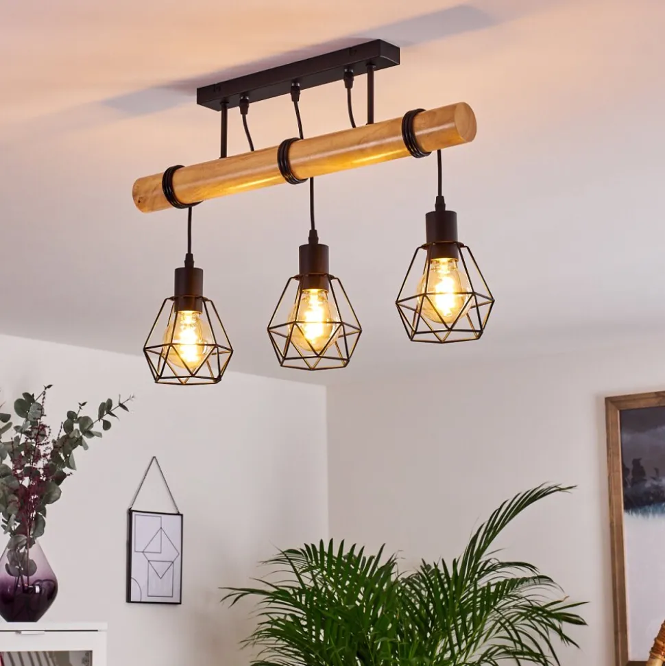 Plafonnier Yaak Bois Clair, Noir, 3 Lumieres