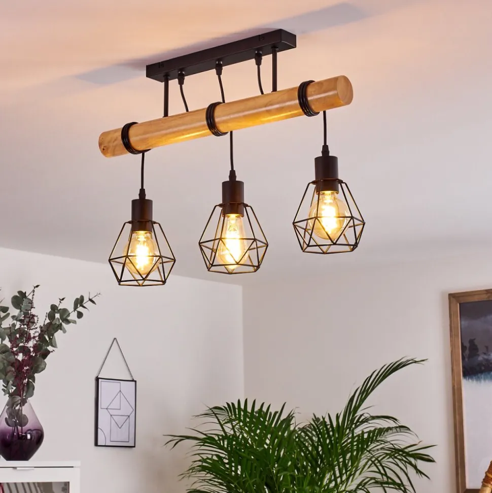 Plafonnier Yaak Bois Clair, Noir, 3 Lumieres