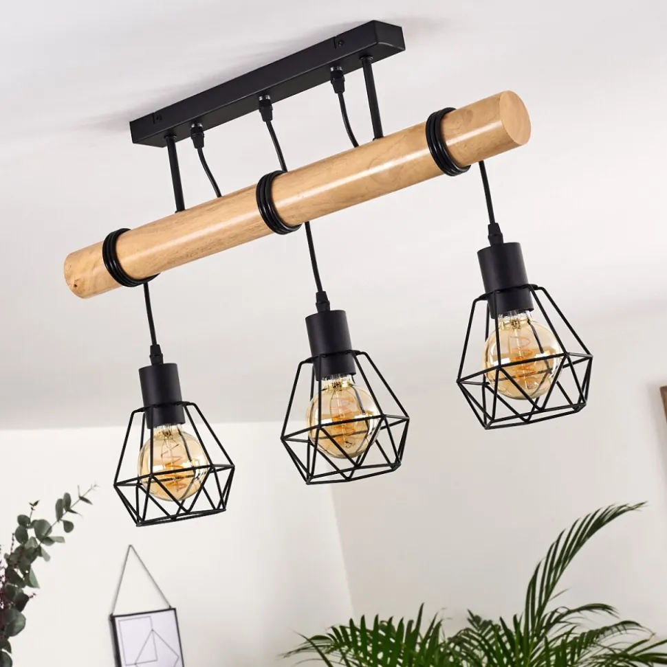 Plafonnier Yaak Bois Clair, Noir, 3 Lumieres
