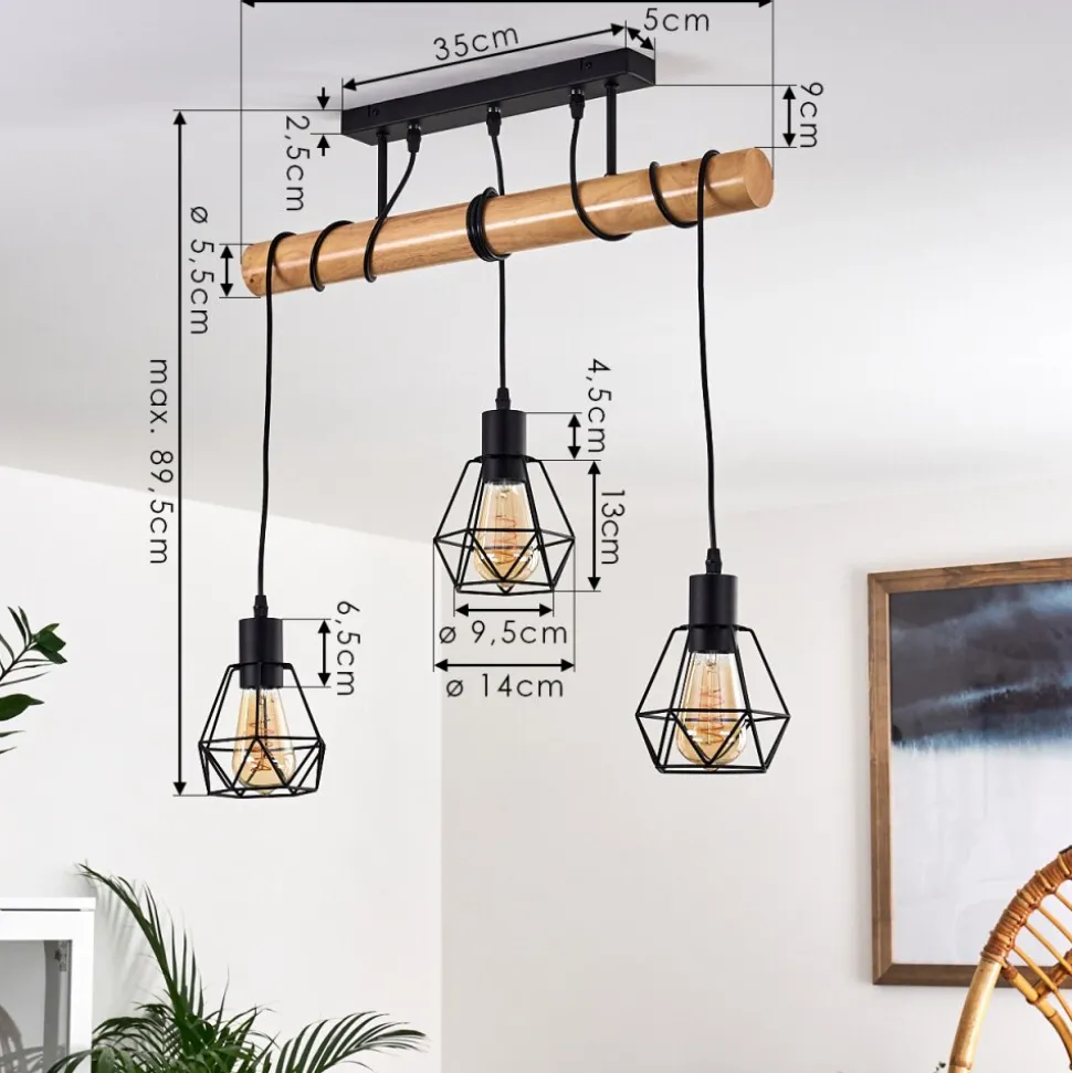 Plafonnier Yaak Bois Clair, Noir, 3 Lumieres