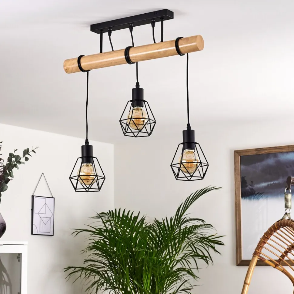 Plafonnier Yaak Bois Clair, Noir, 3 Lumieres