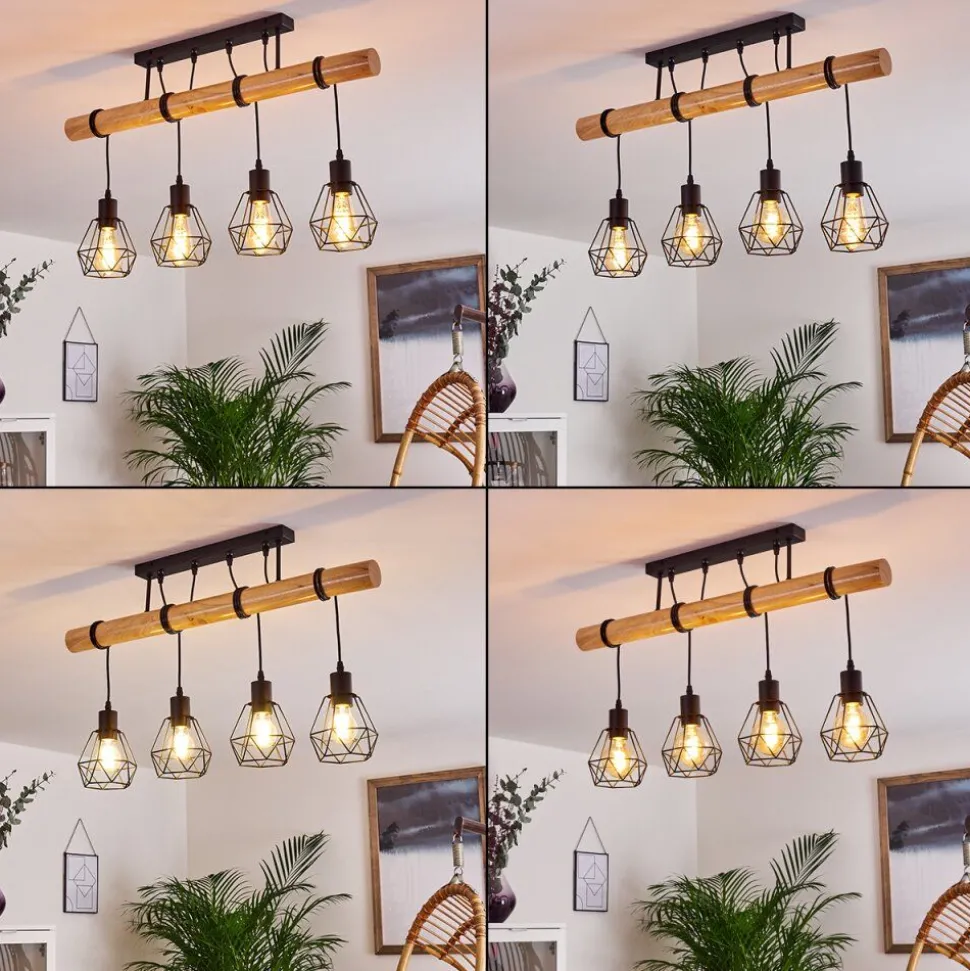 Plafonnier Yaak Bois Clair, Noir, 4 Lumieres