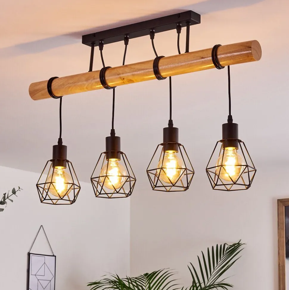 Plafonnier Yaak Bois Clair, Noir, 4 Lumieres