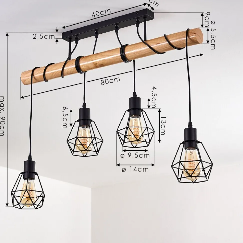 Plafonnier Yaak Bois Clair, Noir, 4 Lumieres