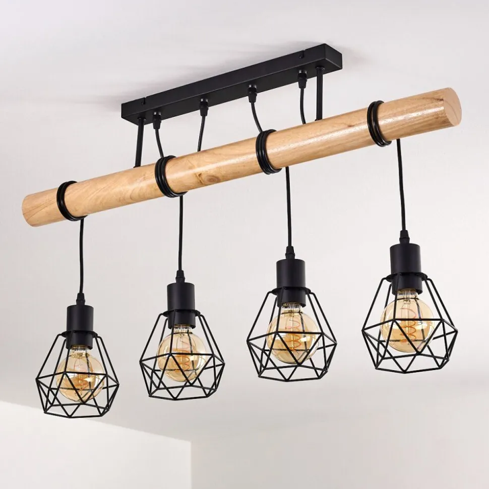 Plafonnier Yaak Bois Clair, Noir, 4 Lumieres