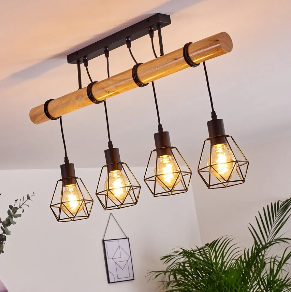 Plafonnier Yaak Bois Clair, Noir, 4 Lumieres