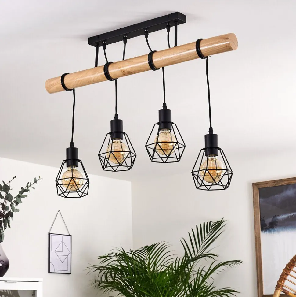Plafonnier Yaak Bois Clair, Noir, 4 Lumieres