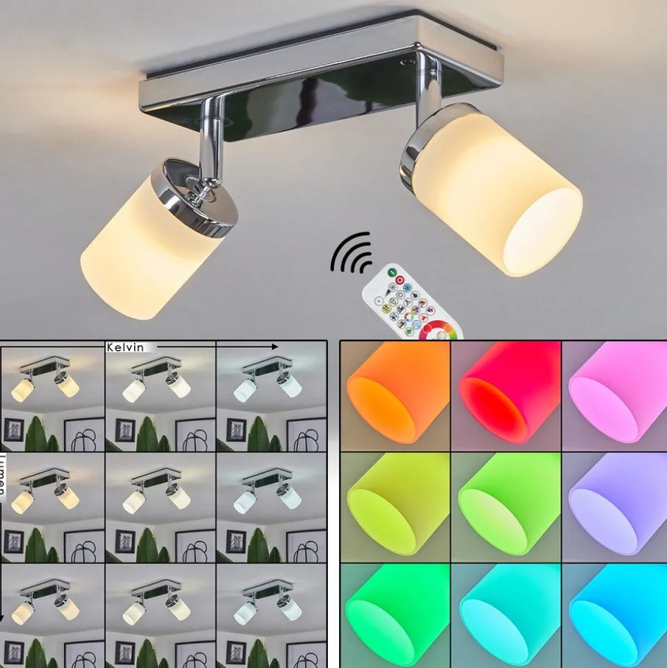 Plafonniercerejeiras Led Chrome, 2 Lumieres, Telecommandes, Changeur De Couleurs