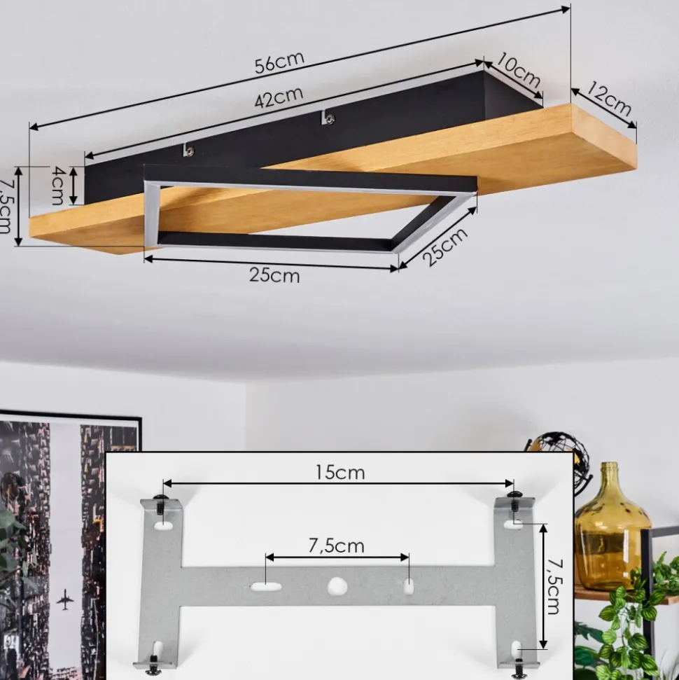 Plafonnierpompu Led Bois Clair, Noir, 1 Lumiere