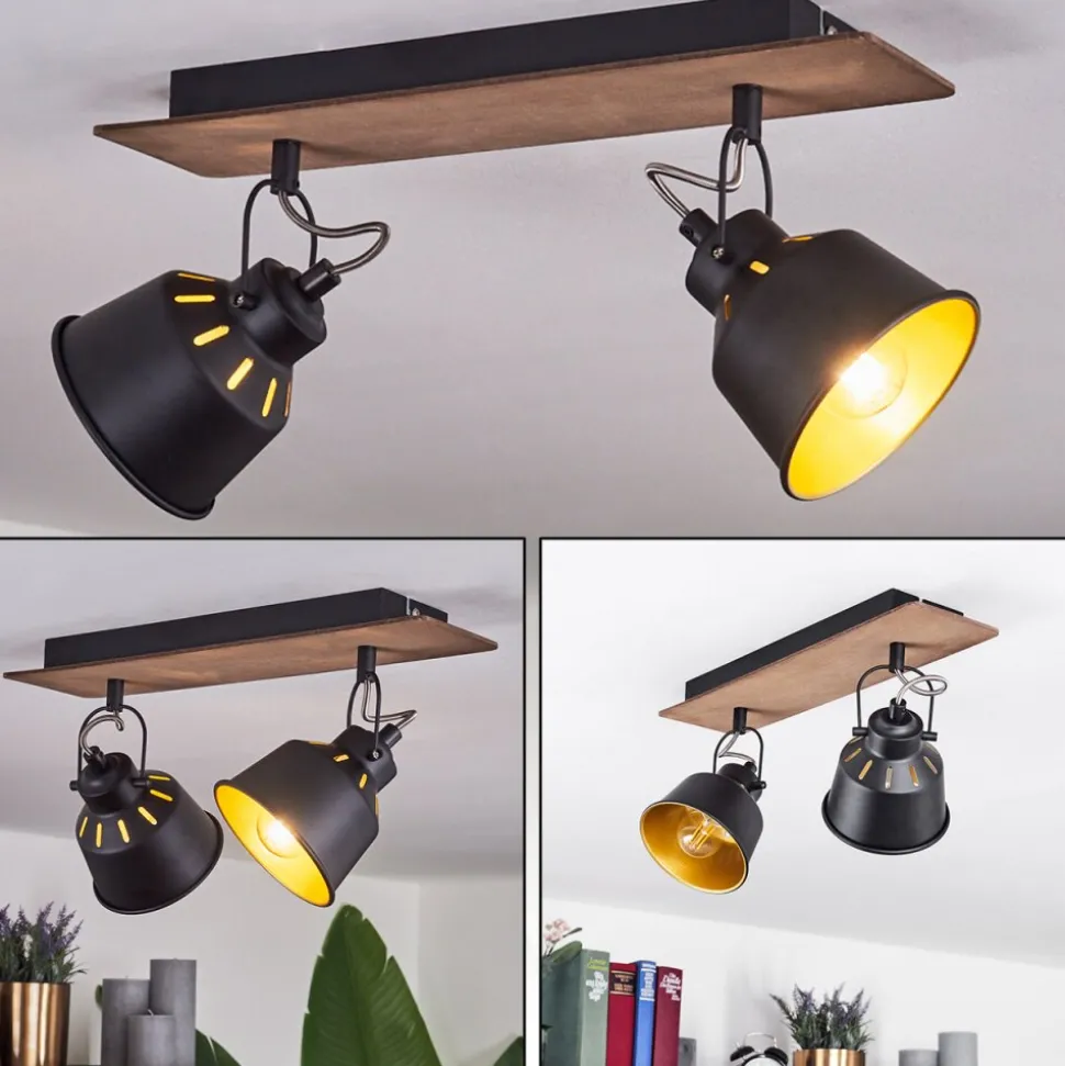 Plafonniersafari Chrome, Bois Fonce, Noir, 2 Lumieres