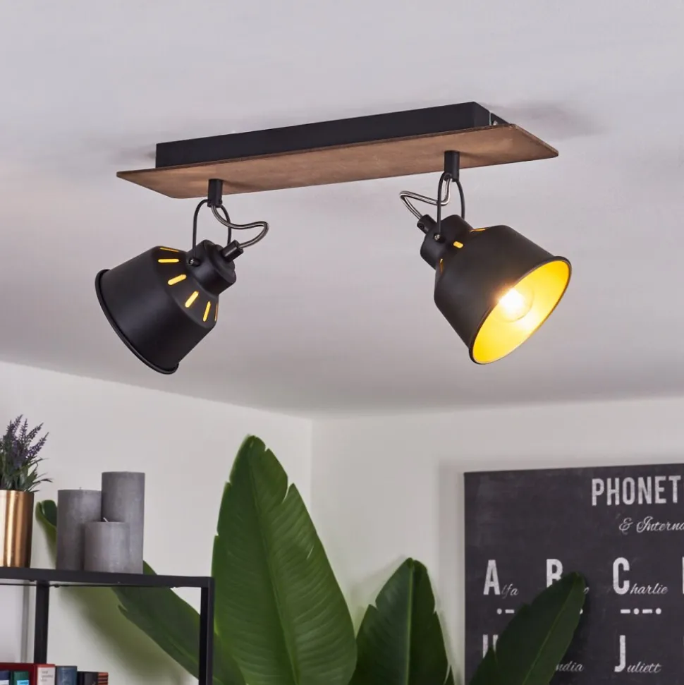 Plafonniersafari Chrome, Bois Fonce, Noir, 2 Lumieres