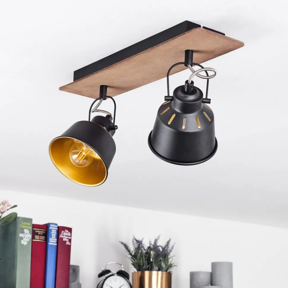 Plafonniersafari Chrome, Bois Fonce, Noir, 2 Lumieres