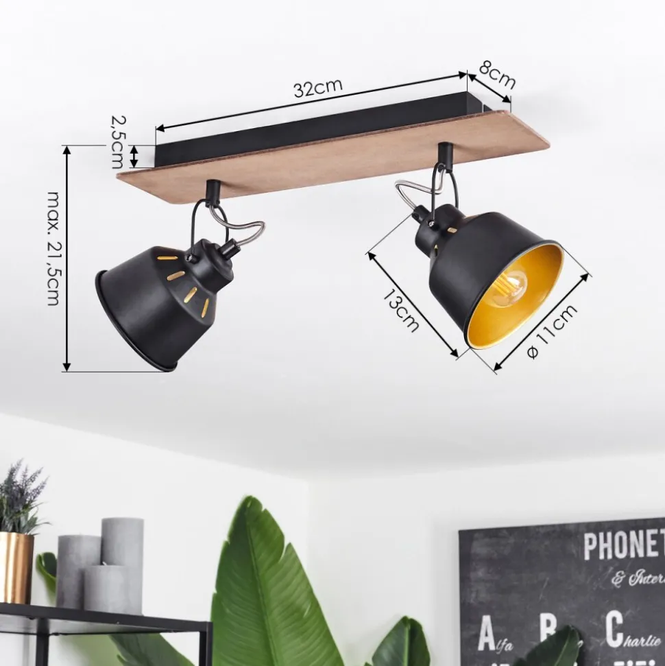 Plafonniersafari Chrome, Bois Fonce, Noir, 2 Lumieres