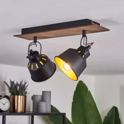 Plafonniersafari Chrome, Bois Fonce, Noir, 2 Lumieres