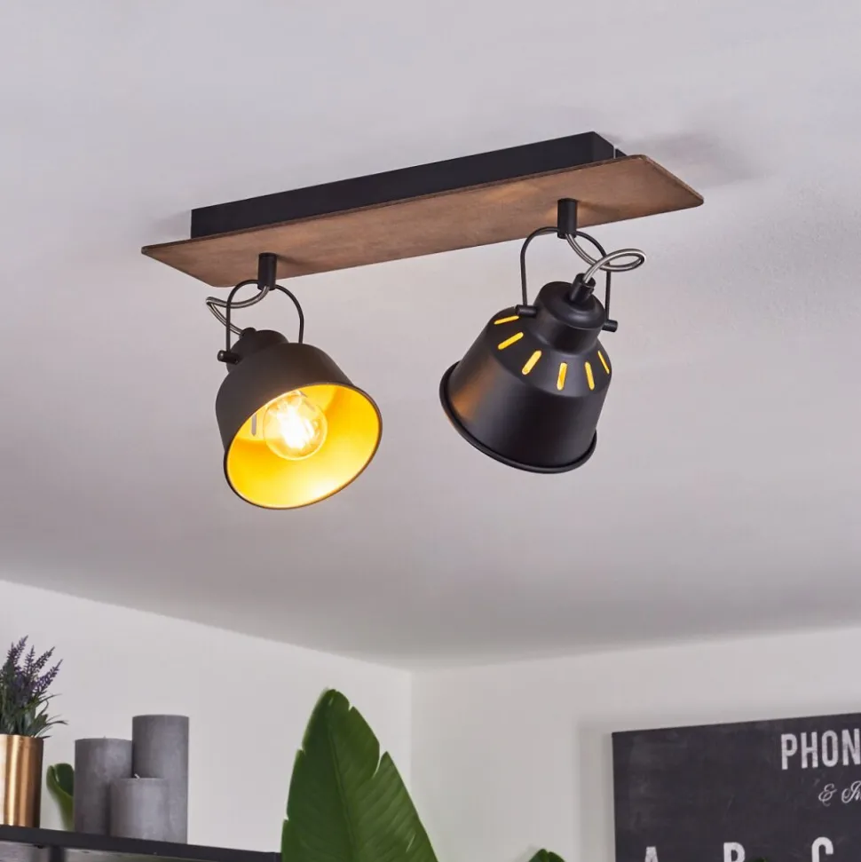 Plafonniersafari Chrome, Bois Fonce, Noir, 2 Lumieres