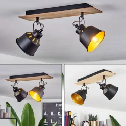 Plafonniersafari Chrome, Bois Clair, Noir, 2 Lumieres