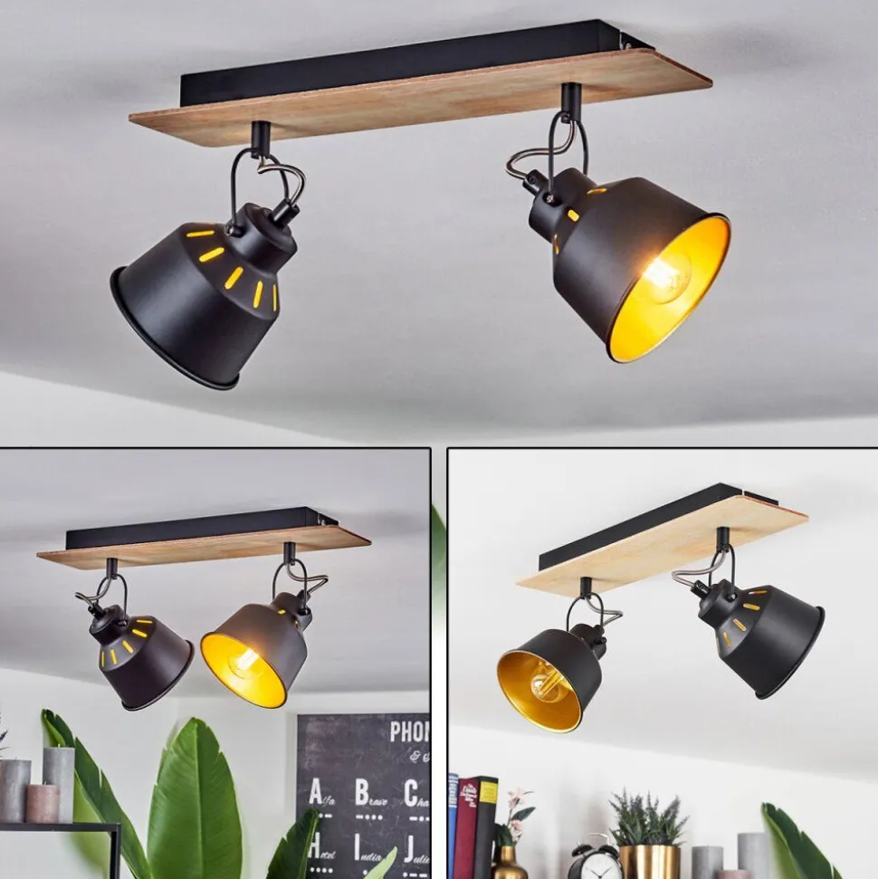 Plafonniersafari Chrome, Bois Clair, Noir, 2 Lumieres