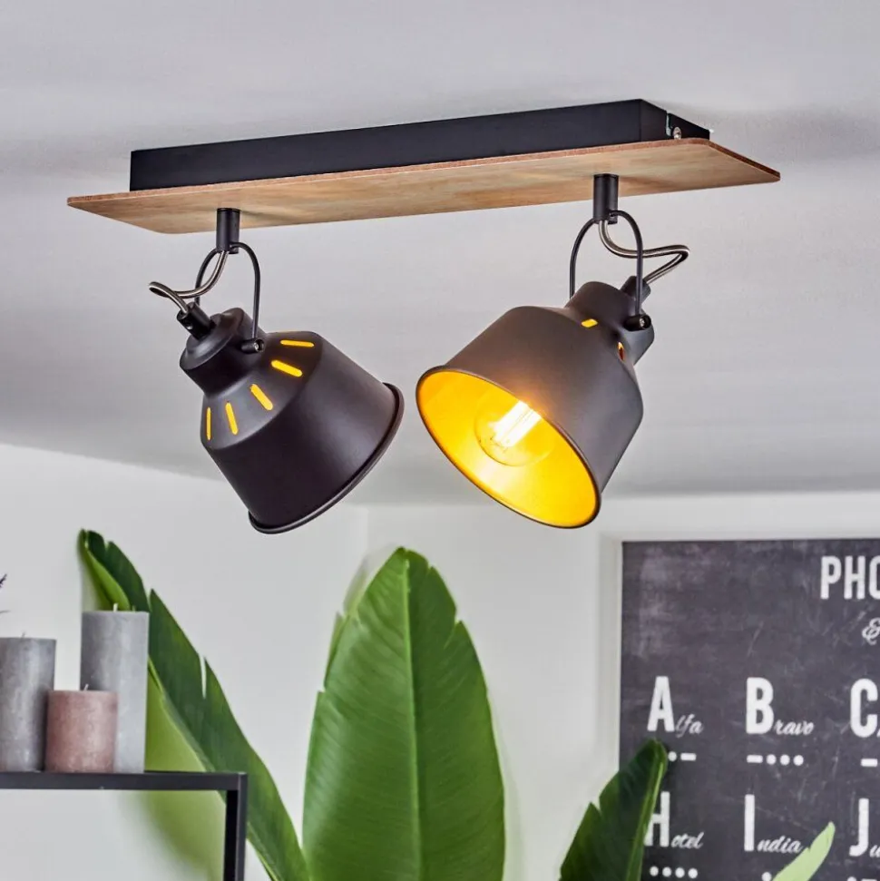 Plafonniersafari Chrome, Bois Clair, Noir, 2 Lumieres
