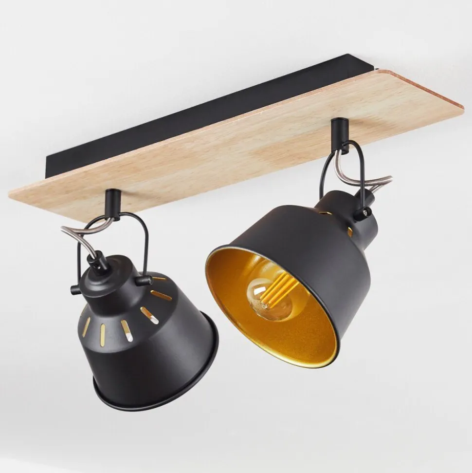 Plafonniersafari Chrome, Bois Clair, Noir, 2 Lumieres