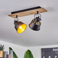Plafonniersafari Chrome, Bois Clair, Noir, 2 Lumieres