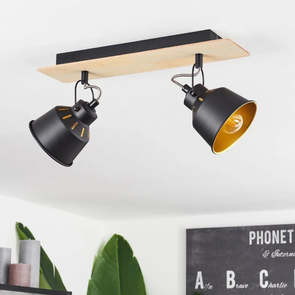 Plafonniersafari Chrome, Bois Clair, Noir, 2 Lumieres