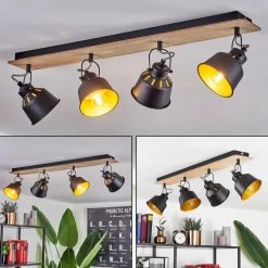 Plafonniersafari Chrome, Bois Clair, Noir, 4 Lumieres