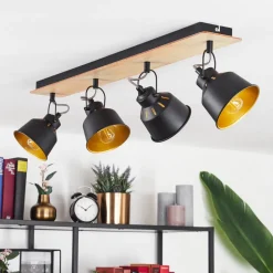 Plafonniersafari Chrome, Bois Clair, Noir, 4 Lumieres