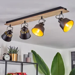 Plafonniersafari Chrome, Bois Clair, Noir, 4 Lumieres