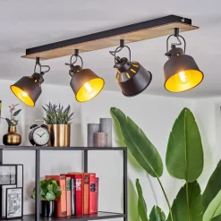 Plafonniersafari Chrome, Bois Clair, Noir, 4 Lumieres