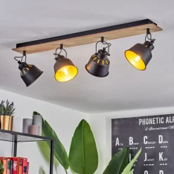 Plafonniersafari Chrome, Bois Clair, Noir, 4 Lumieres