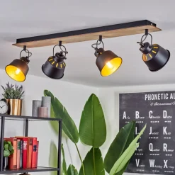 Plafonniersafari Chrome, Bois Clair, Noir, 4 Lumieres