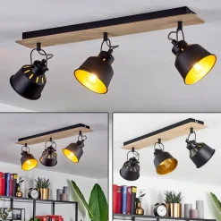 Plafonniersafari Chrome, Bois Clair, Noir, 3 Lumieres
