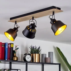 Plafonniersafari Chrome, Bois Clair, Noir, 3 Lumieres