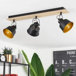 Plafonniersafari Chrome, Bois Clair, Noir, 3 Lumieres