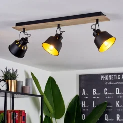 Plafonniersafari Chrome, Bois Clair, Noir, 3 Lumieres