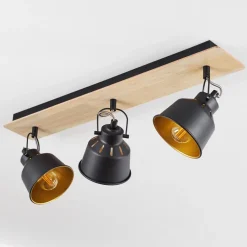 Plafonniersafari Chrome, Bois Clair, Noir, 3 Lumieres