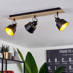 Plafonniersafari Chrome, Bois Clair, Noir, 3 Lumieres