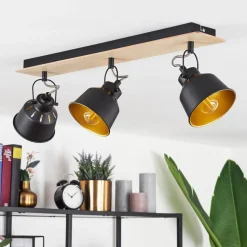 Plafonniersafari Chrome, Bois Clair, Noir, 3 Lumieres