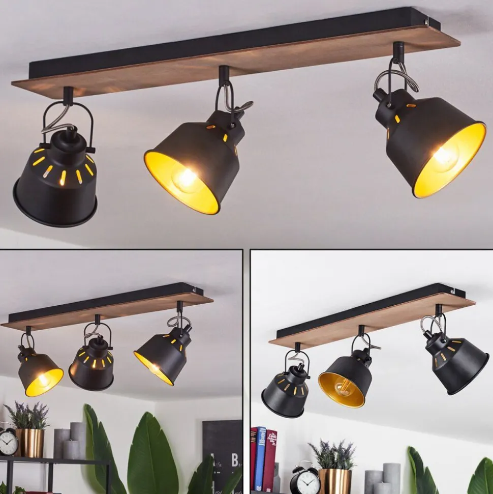 Plafonniersafari Chrome, Bois Fonce, Noir, 3 Lumieres