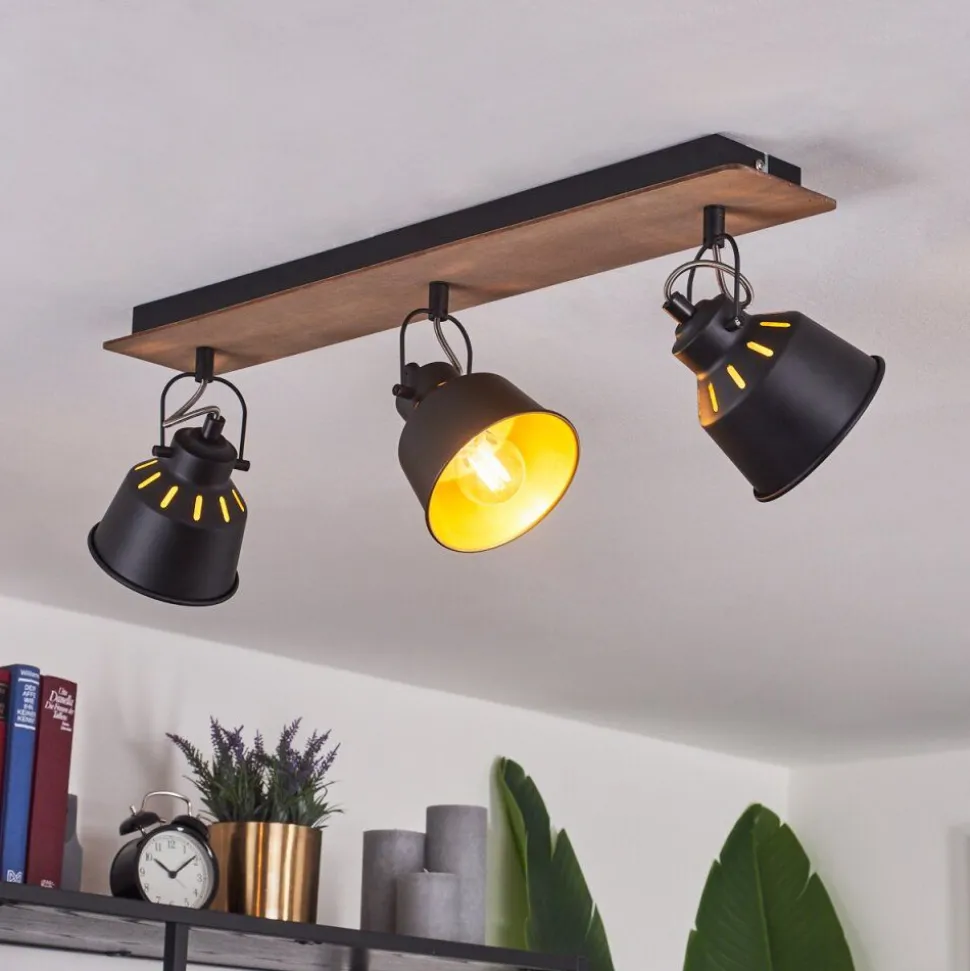 Plafonniersafari Chrome, Bois Fonce, Noir, 3 Lumieres