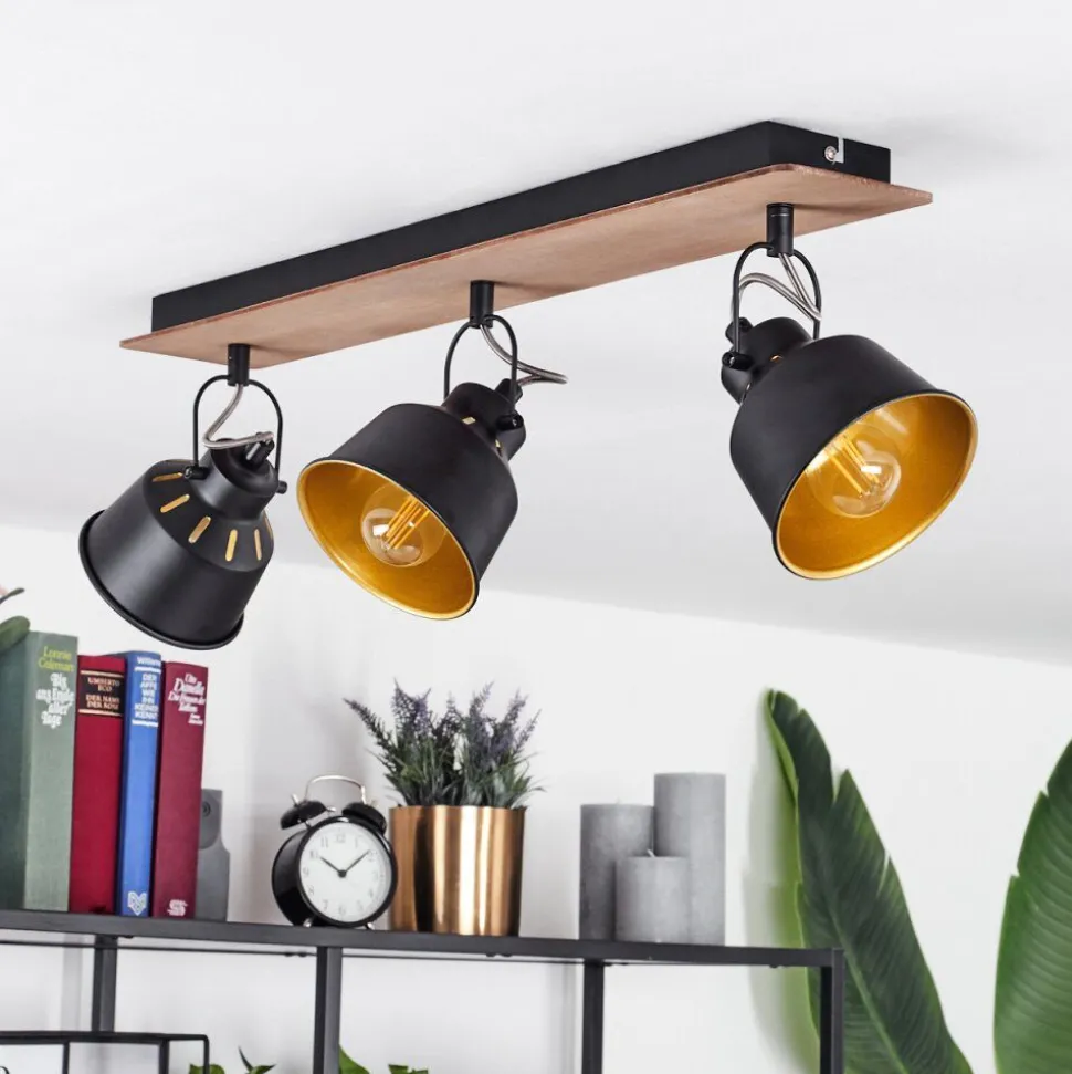 Plafonniersafari Chrome, Bois Fonce, Noir, 3 Lumieres