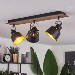 Plafonniersafari Chrome, Bois Fonce, Noir, 3 Lumieres