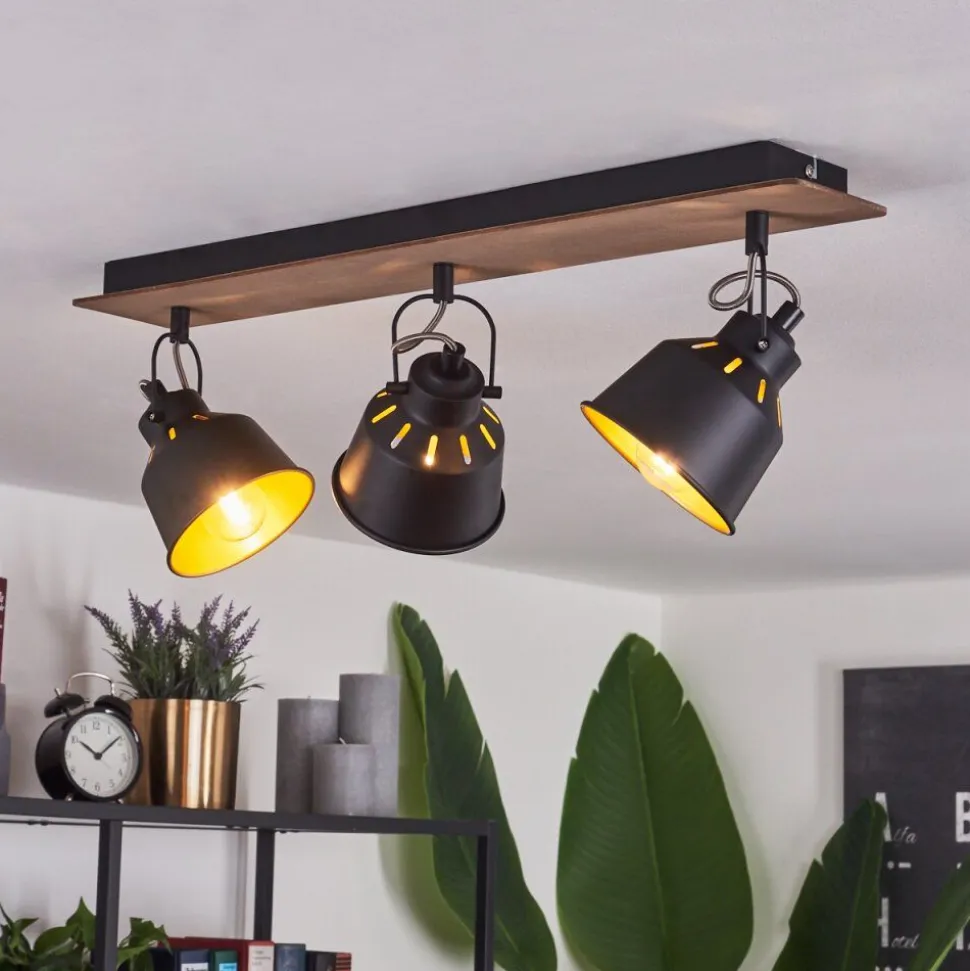 Plafonniersafari Chrome, Bois Fonce, Noir, 3 Lumieres