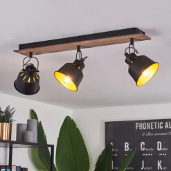 Plafonniersafari Chrome, Bois Fonce, Noir, 3 Lumieres
