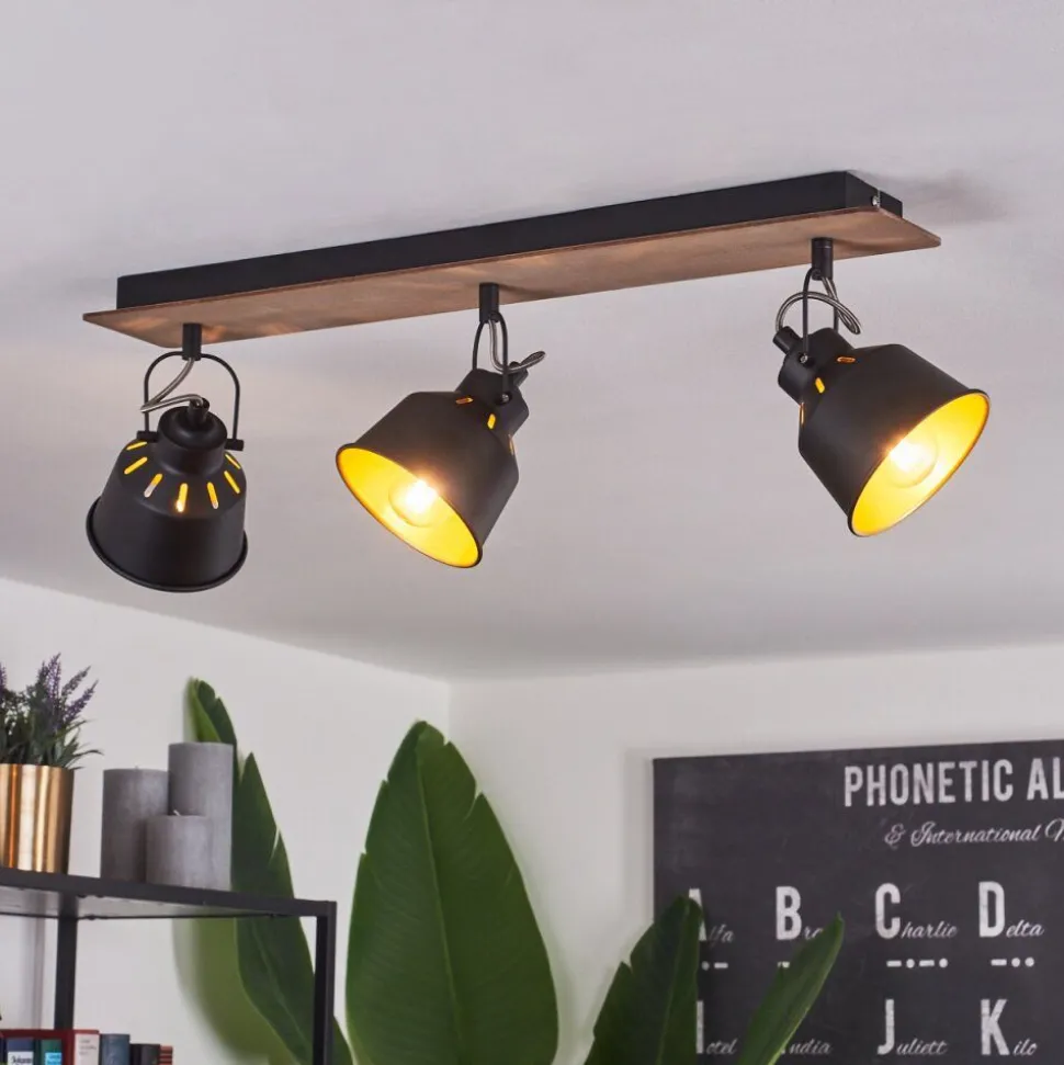 Plafonniersafari Chrome, Bois Fonce, Noir, 3 Lumieres