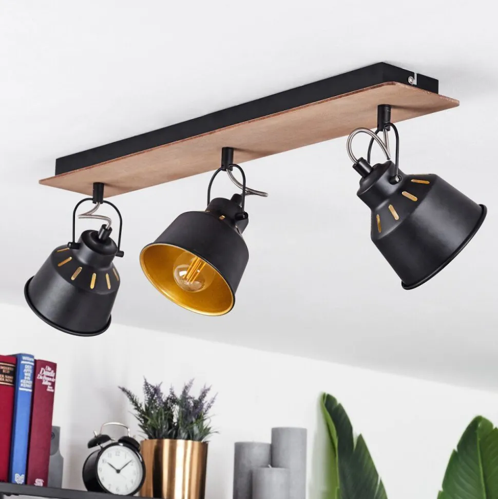 Plafonniersafari Chrome, Bois Fonce, Noir, 3 Lumieres