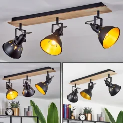 Plafonniertina Chrome, Bois Clair, Noir, 3 Lumieres